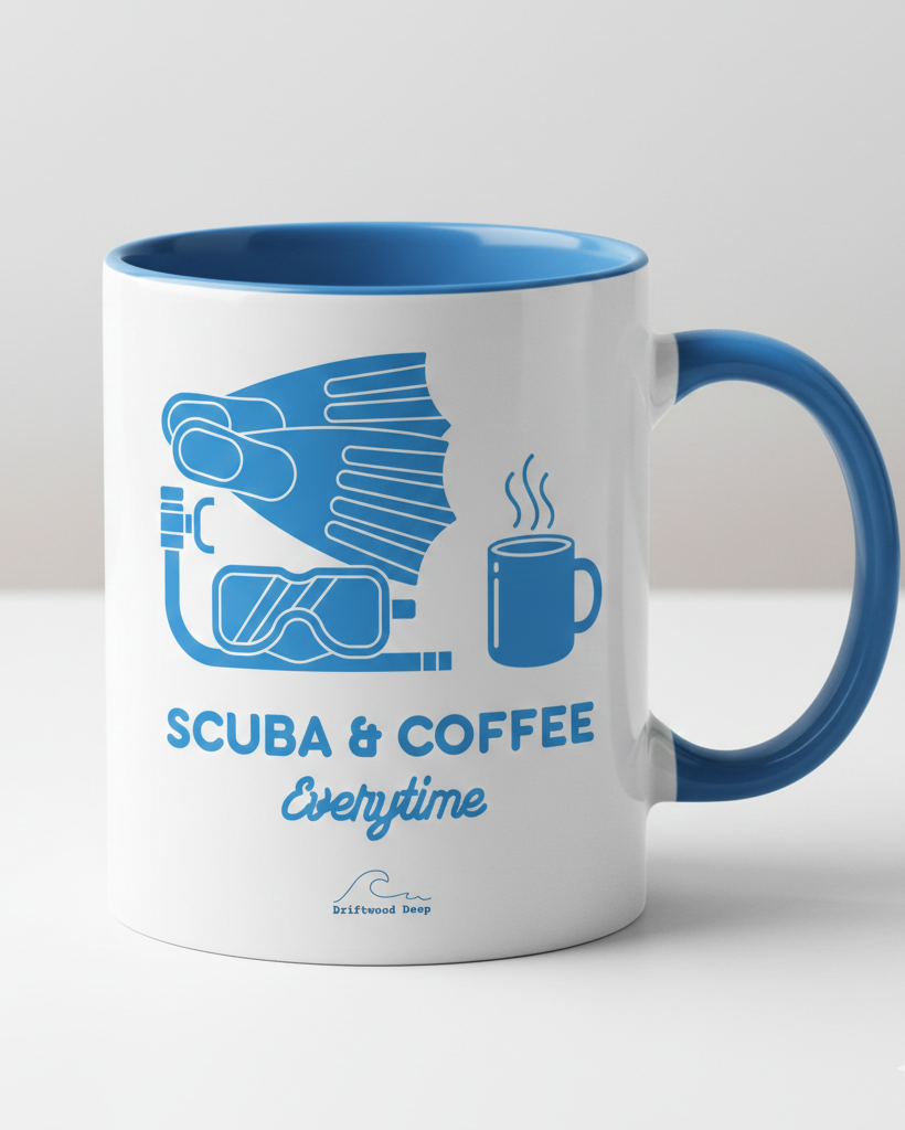 White mug with blue interior and handle featuring a scuba diving and coffee design.