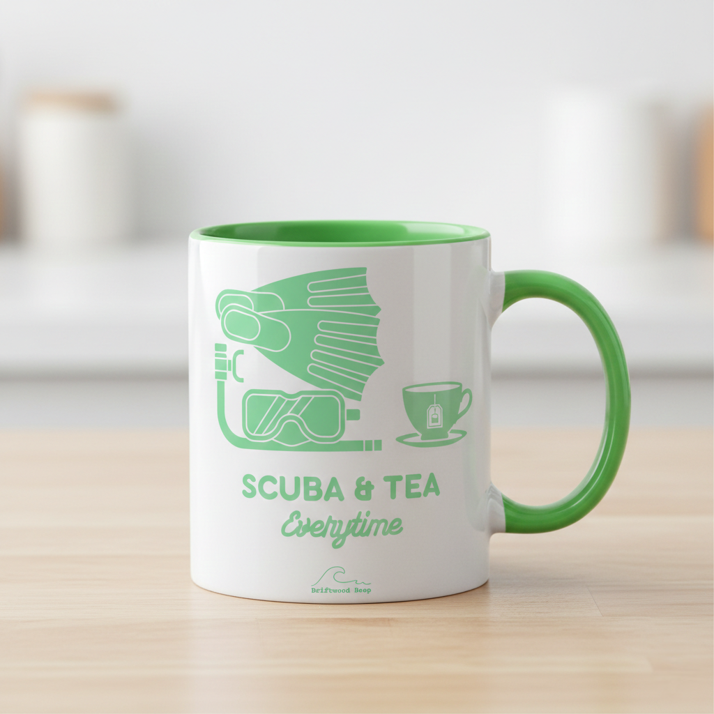 White mug with green interior and handle featuring a scuba diving and tea design on a wooden surface.