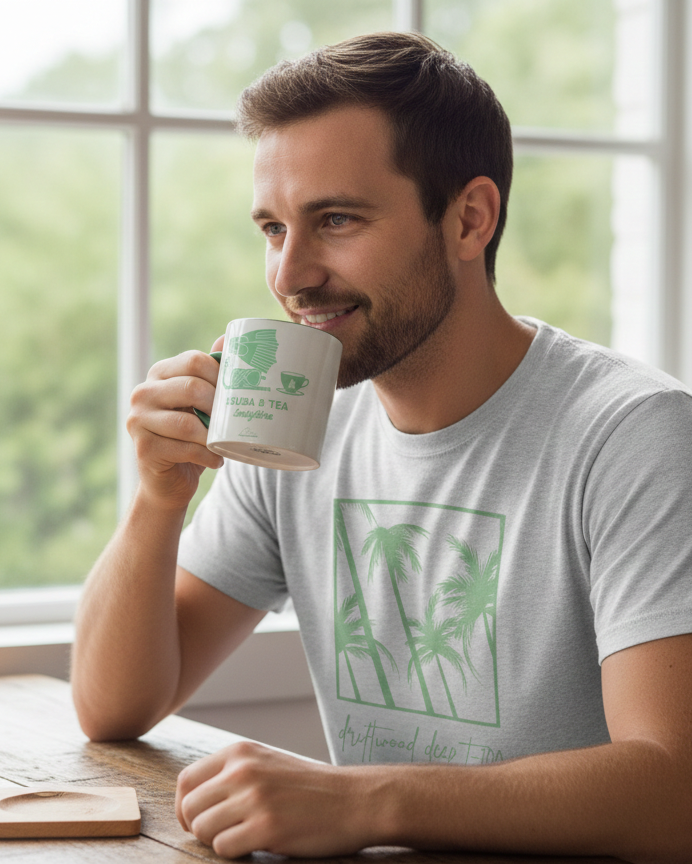 Man drinking from a mug with a logo, sitting at a table by a window