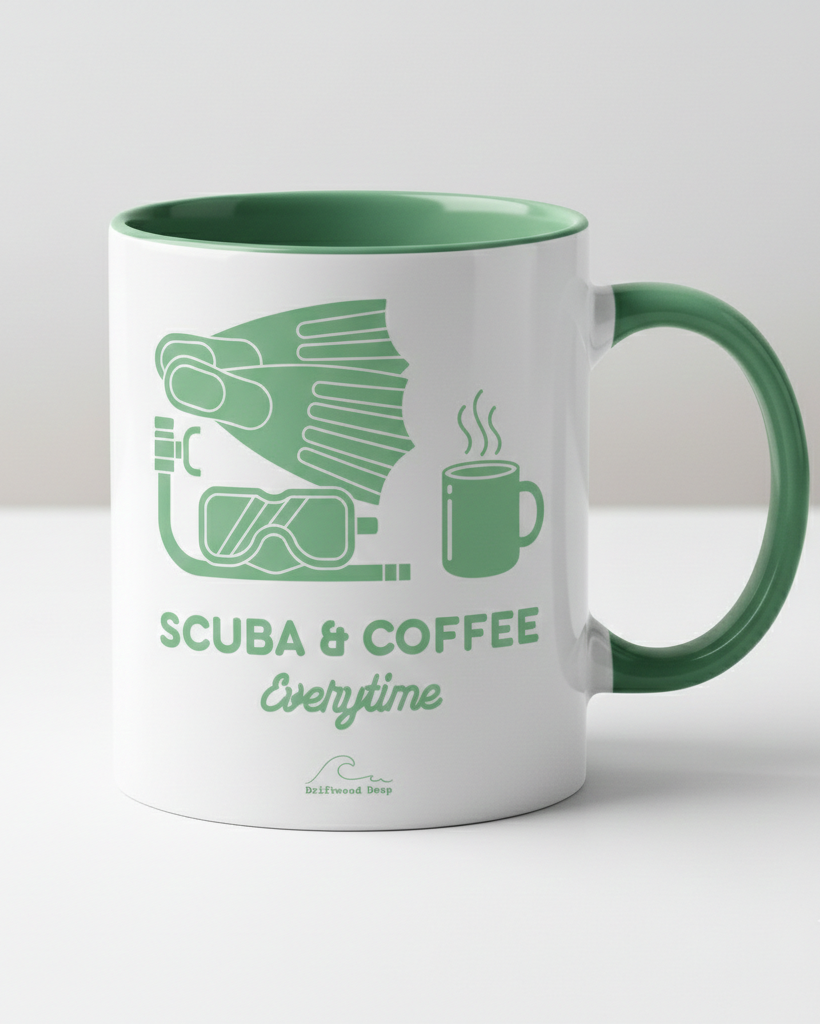 White mug with green interior and handle, featuring a scuba diving mask and coffee cup graphic with 'Scuba & Coffee Everytime' text.