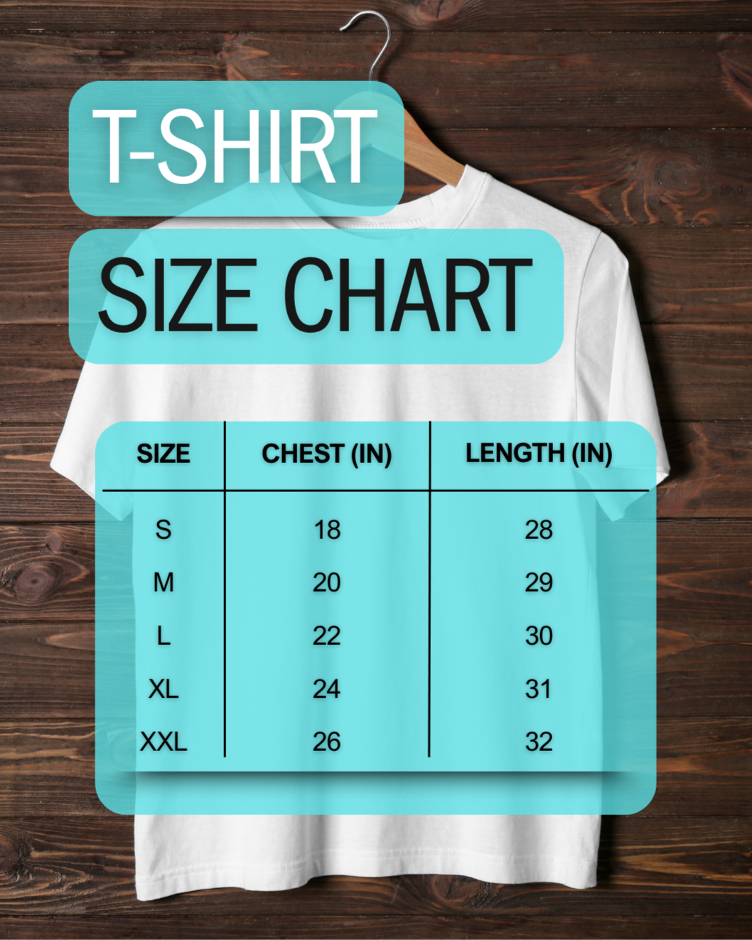 White t-shirt with size chart on a wooden background