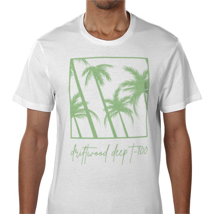 White t-shirt with green palm tree design and text on a white background