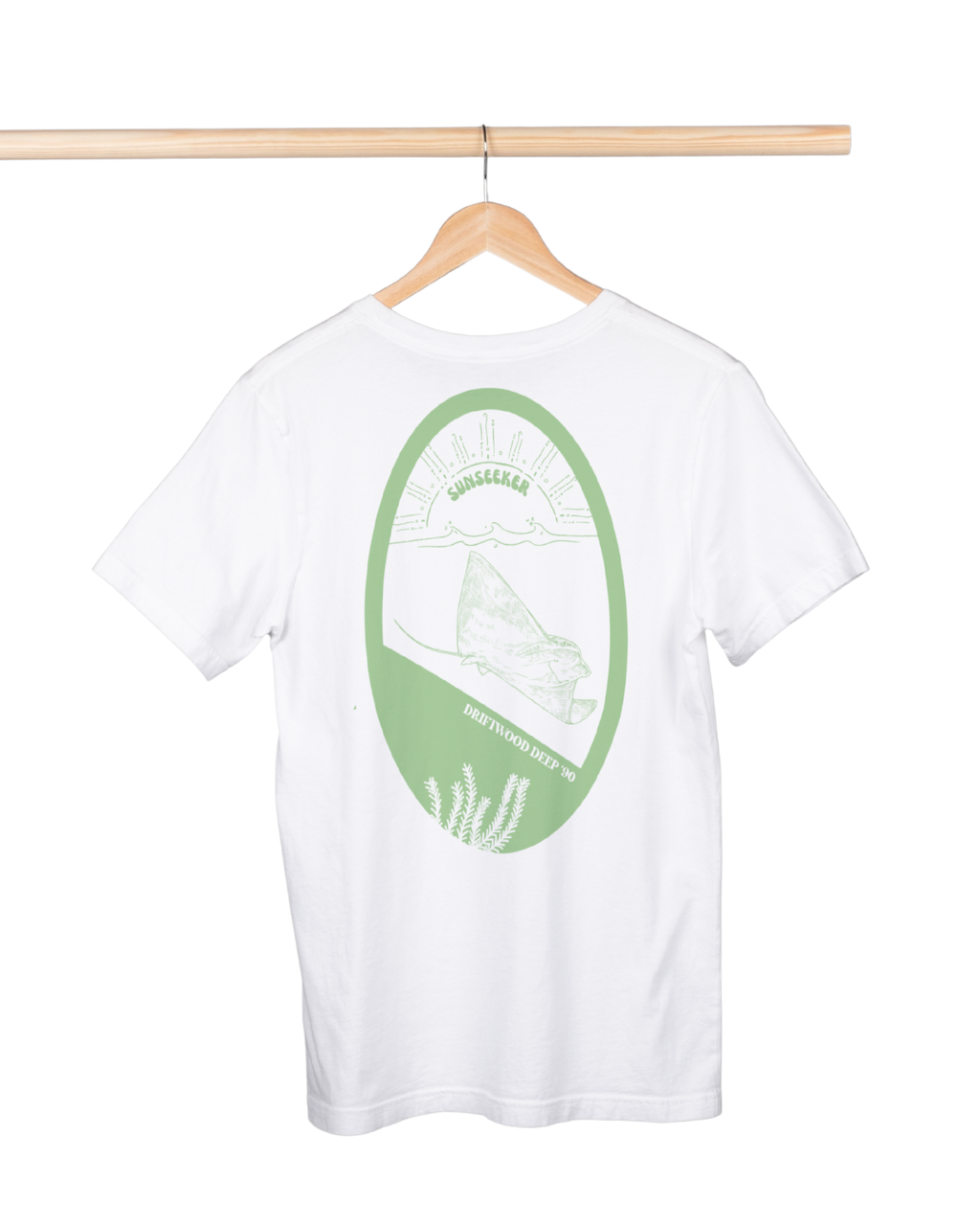 White t-shirt with green graphic on a hanger against a white background