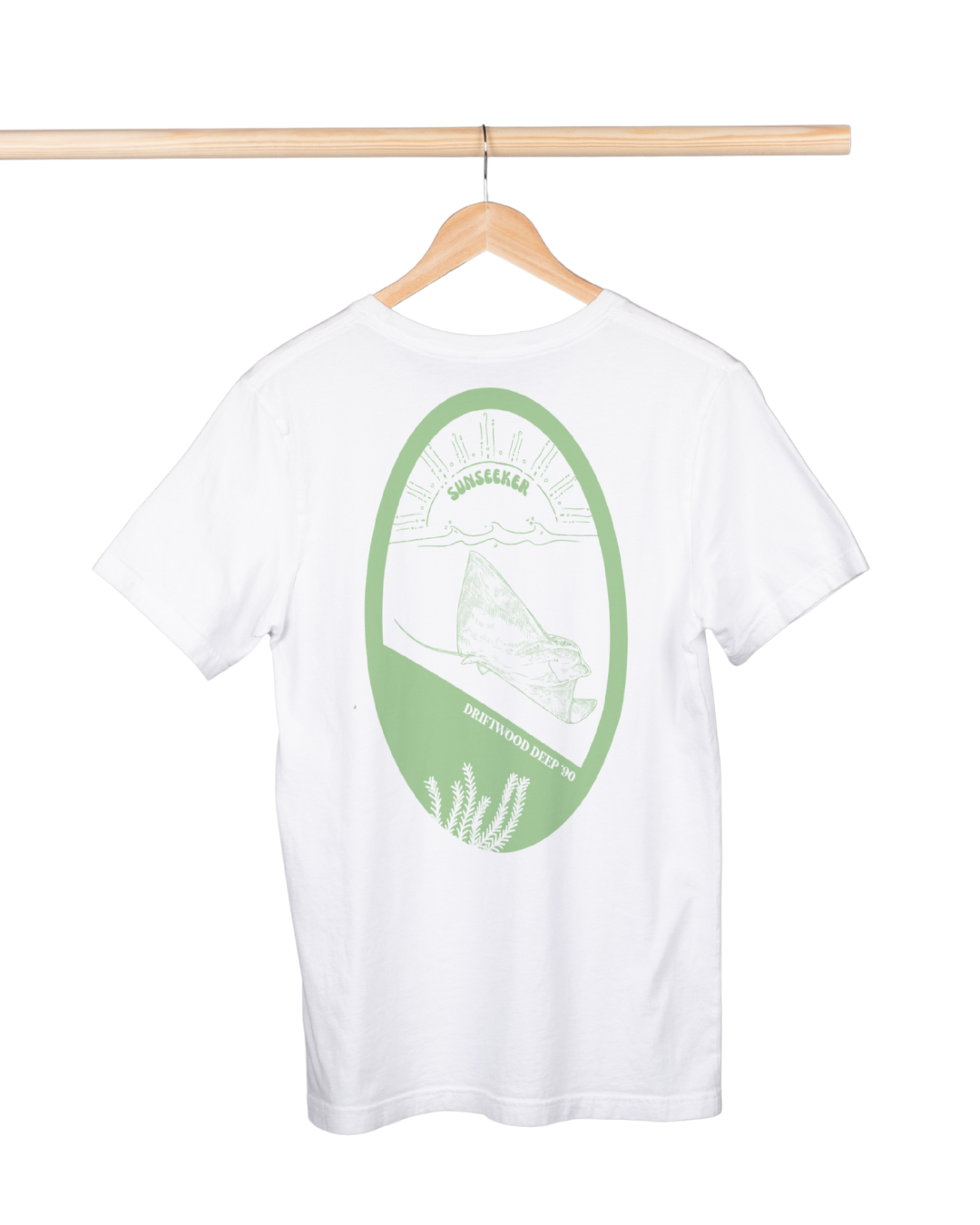 White t-shirt with green graphic on a hanger against a white background