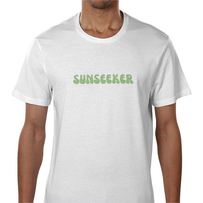 White t-shirt with 'SUNSEEKER' text on a plain background