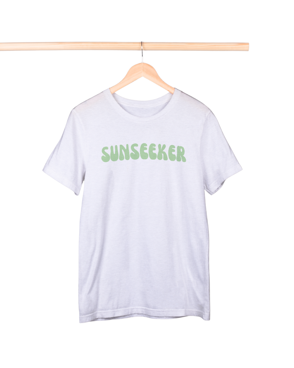White t-shirt with 'SUNSEEKER' text on a hanger against a white background