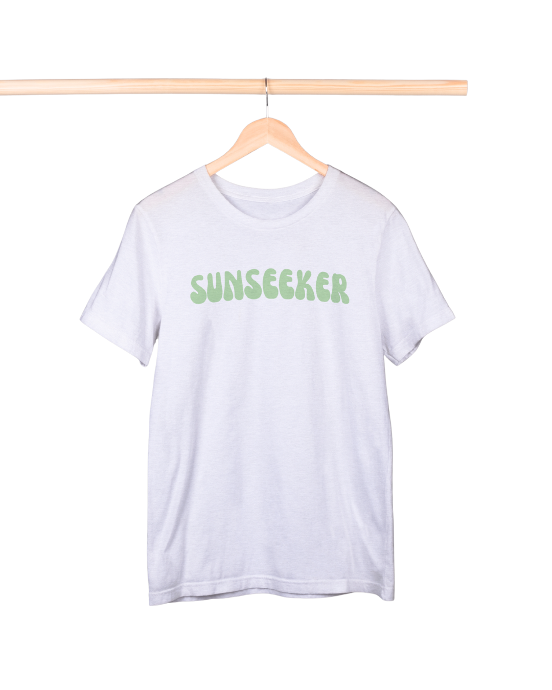 White t-shirt with 'SUNSEEKER' text on a hanger against a white background
