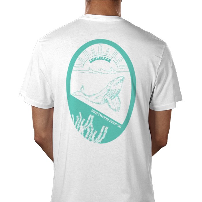 A person wearing a white crew neck t-shirt with a graphic print of a whale and text in soft turquoise blue.