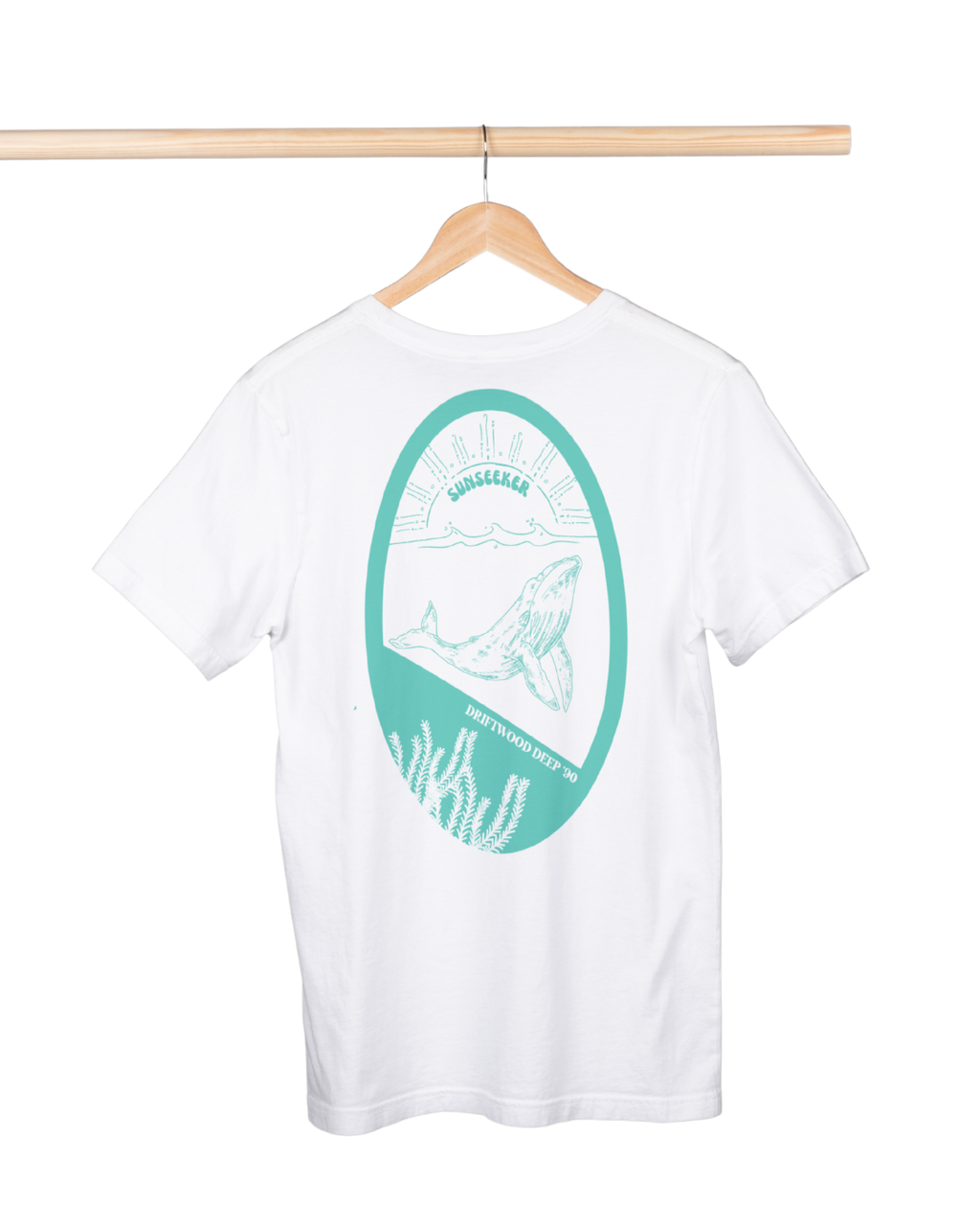 White t-shirt with a green graphic on a hanger against a white background