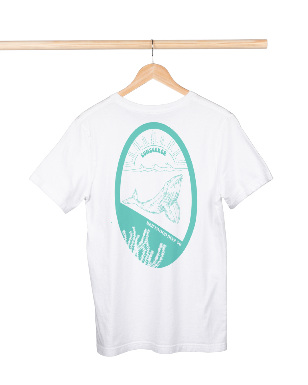 White t-shirt with a green graphic on a hanger against a white background