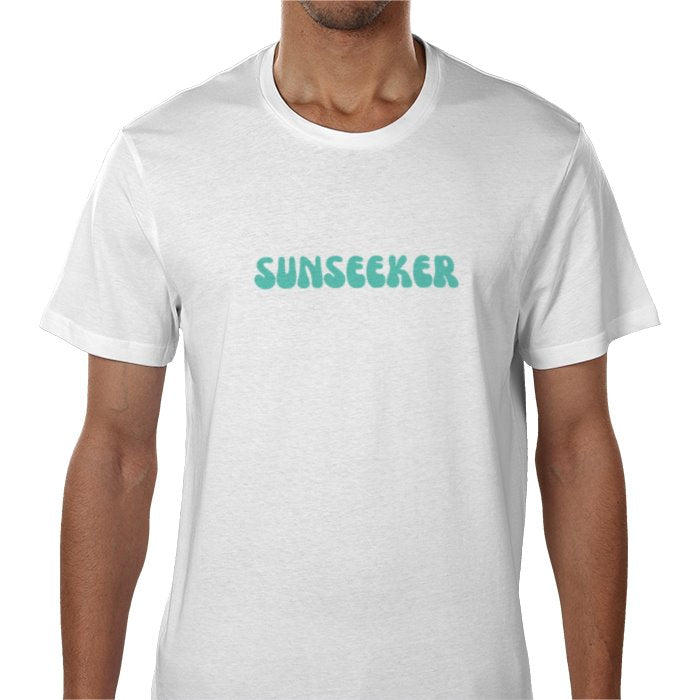 White t-shirt with teal 'SUNSEEKER' text on a white background
