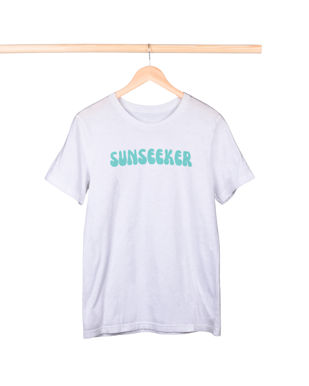 White t-shirt with 'SUNSEEKER' text on a hanger against a white background
