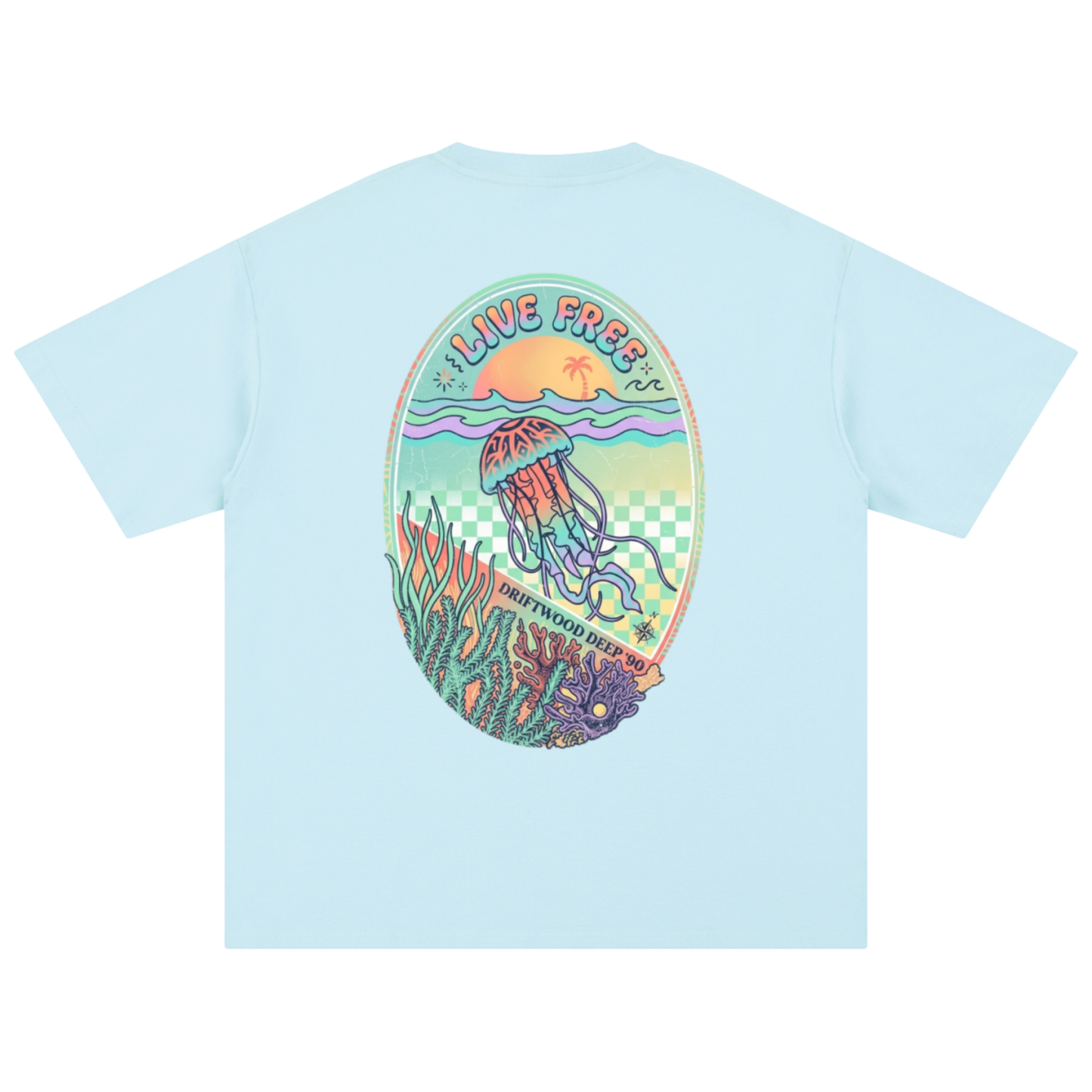 A light blue short-sleeve T-shirt with a large, colourful retro-style jellyfish graphic printed on the back. 