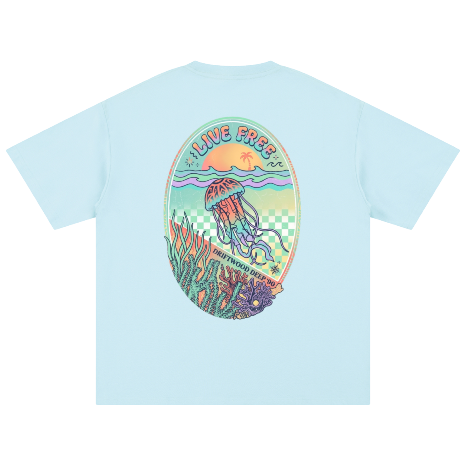A light blue short-sleeve T-shirt with a large, colourful retro-style jellyfish graphic printed on the back. 