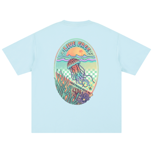 A light blue short-sleeve T-shirt with a large, colourful retro-style jellyfish graphic printed on the back. 