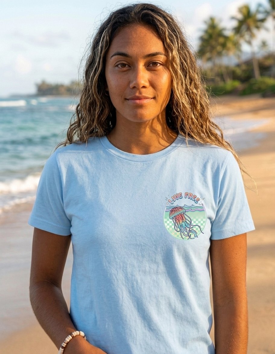 A woman with long wavy brown hair stands on a sandy beach wearing a light blue crewneck t-shirt with a jellyfish graphic on the left chest. The background shows the ocean and palm trees.