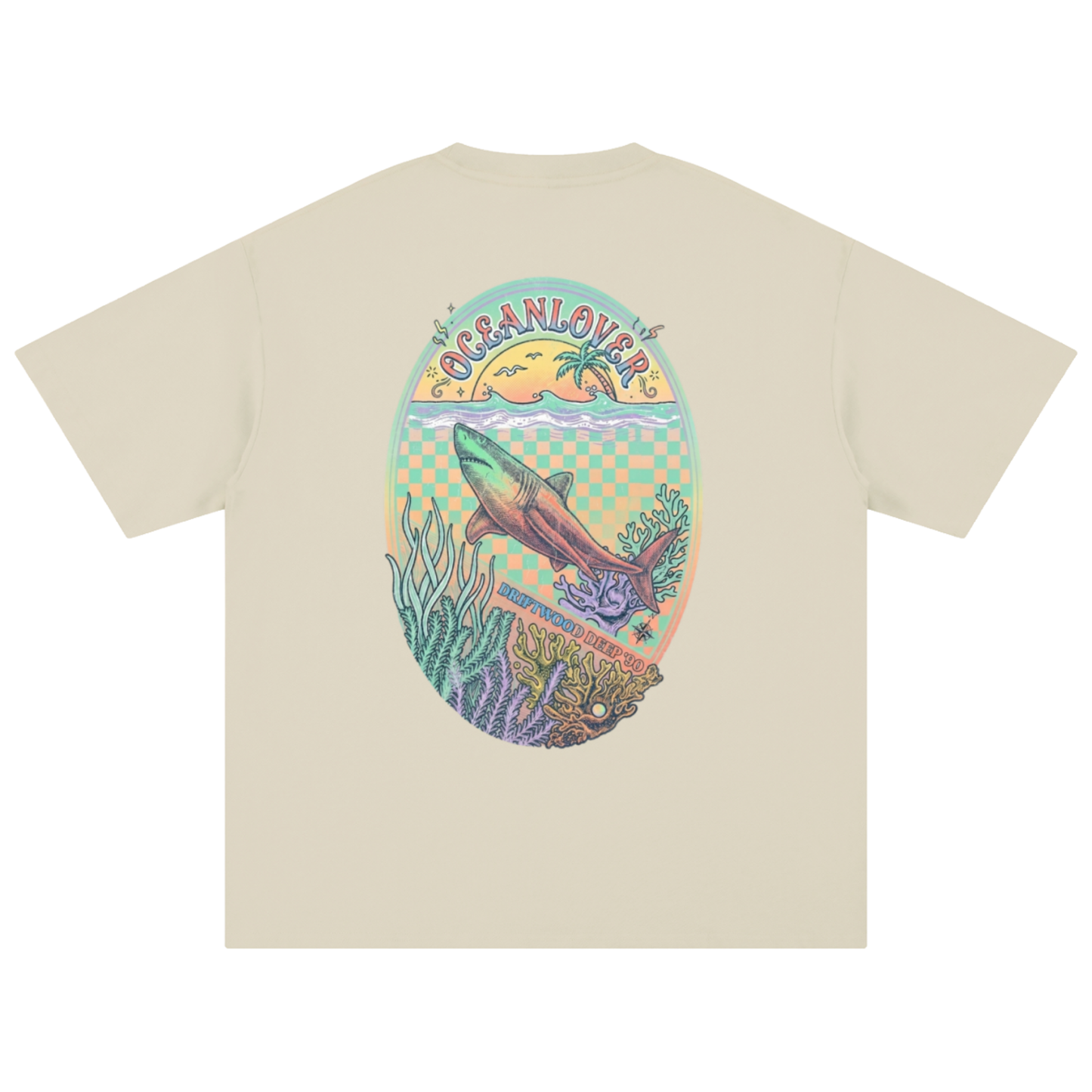 A beige short-sleeve t-shirt shown flat against a white background, featuring a large colorful graphic on the front with a shark, coral reef, and the text 'Ocean Lover'.
