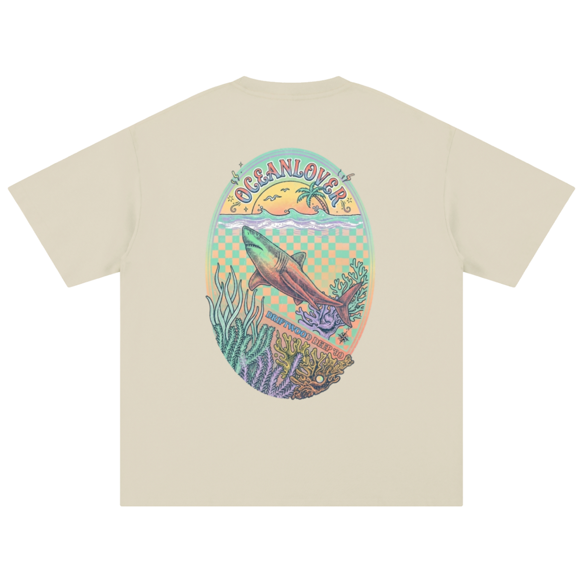 A beige short-sleeve t-shirt shown flat against a white background, featuring a large colorful graphic on the front with a shark, coral reef, and the text 'Ocean Lover'.