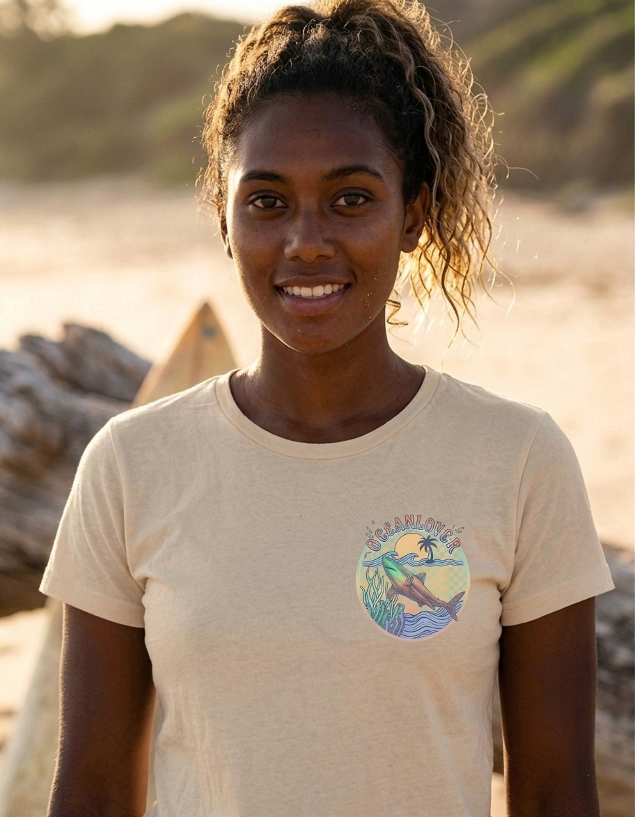 A smiling woman with curly hair stands outdoors wearing a light beige short-sleeve T-shirt with a circular multicolor graphic on the left chest.