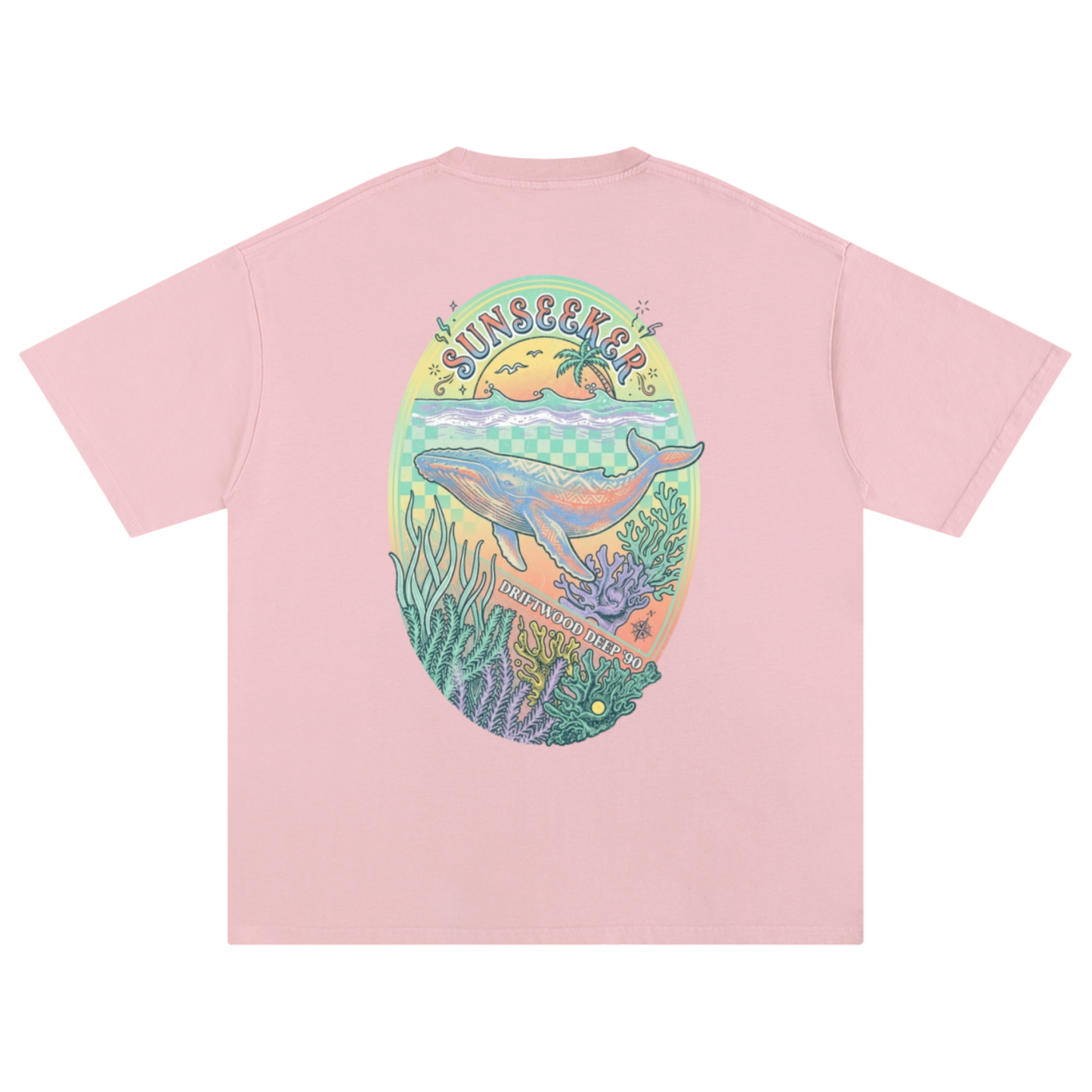 A light pink short-sleeve t-shirt shown from the back, featuring a large colourful graphic print of a whale in an ocean scene.