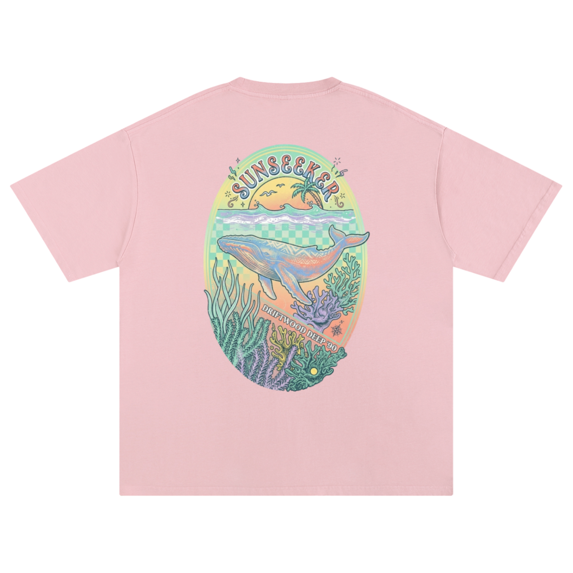 A light pink short-sleeve t-shirt shown from the back, featuring a large colourful graphic print of a whale in an ocean scene.