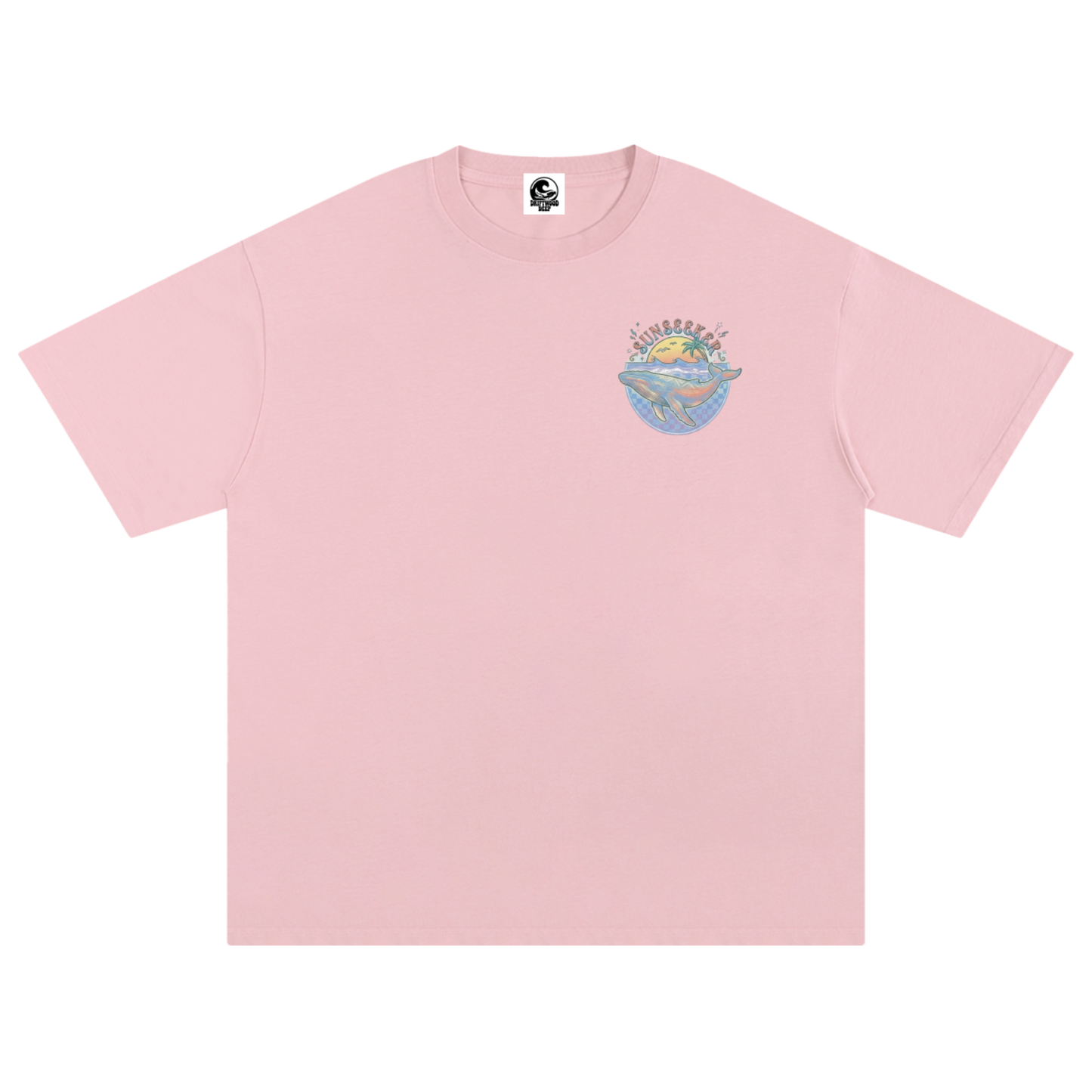 A light pink short-sleeve crewneck t-shirt with a small multicolour graphic on the left chest depicting a beach scene.