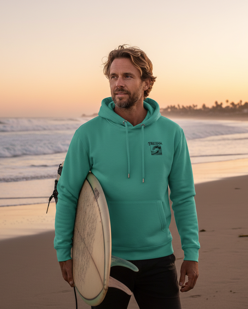 Man in teal hoodie holding a surfboard on a beach at sunset