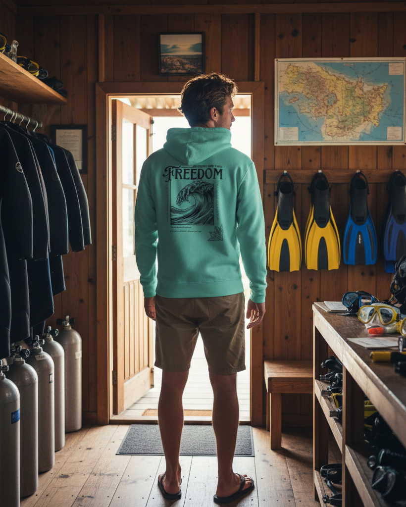 Person wearing a teal hoodie with 'Freedom' text in a diving store.