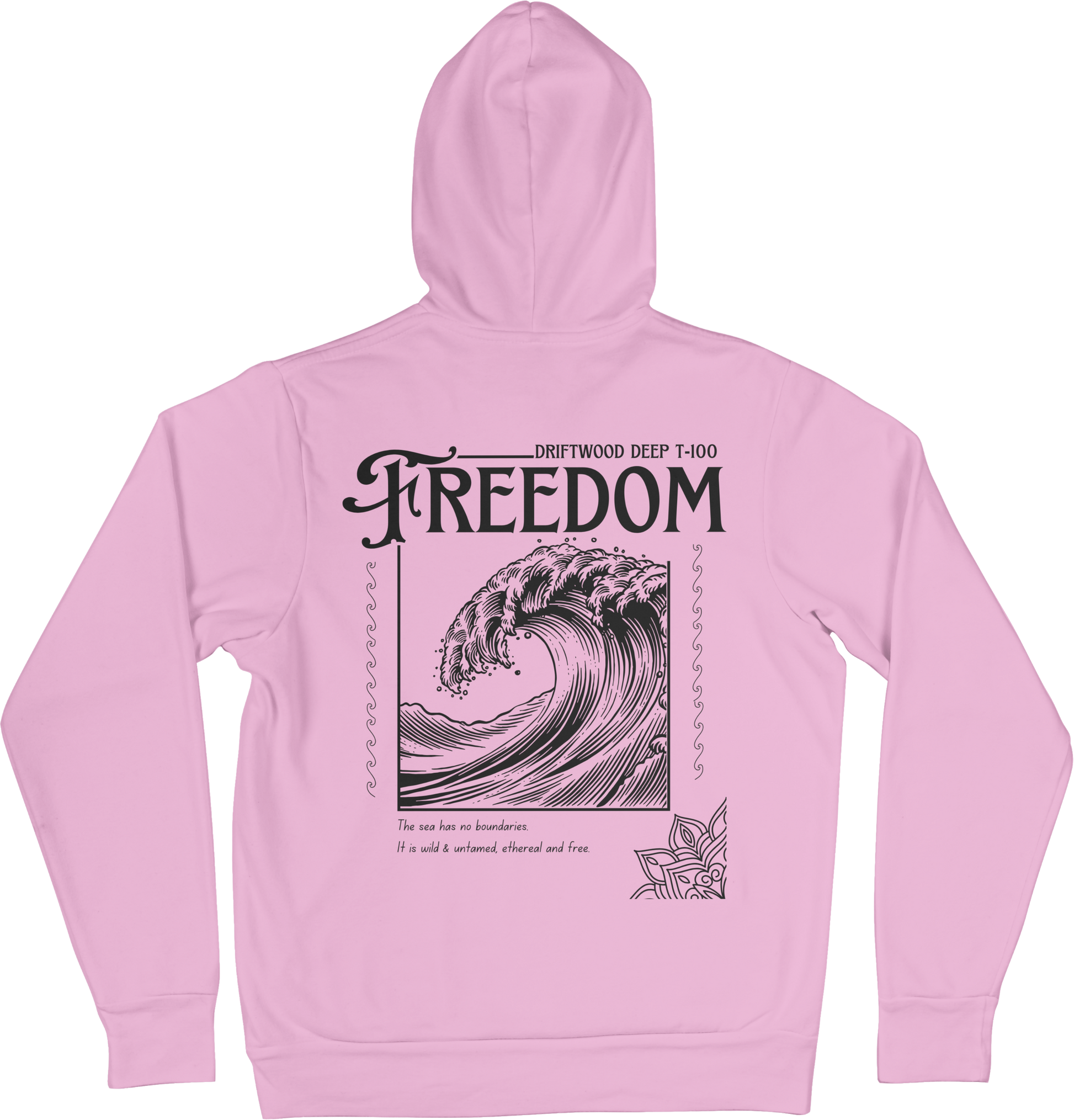 Pink hoodie with wave design and 'Freedom' text on a white background