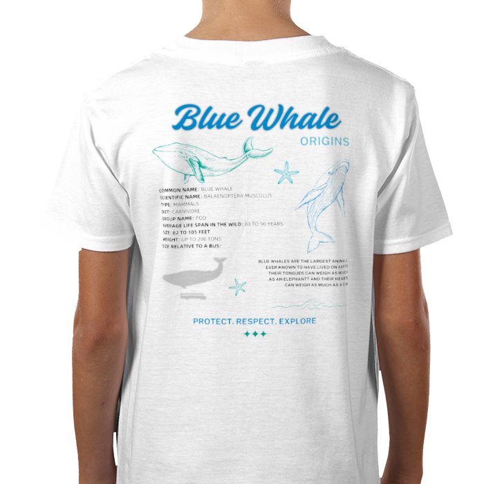 A white crew neck t-shirt with short sleeves featuring a graphic print in shades of blue about the Blue Whale, including text and illustrations.