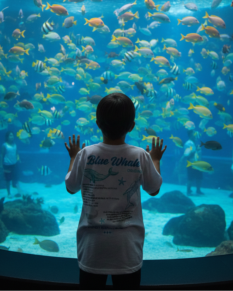 Person observing a large aquarium filled with colorful fish and marine life.