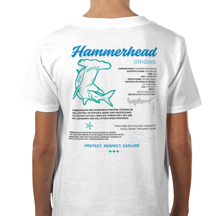 A white crew neck t-shirt with short sleeves featuring a graphic print in blue of a hammerhead shark and text detailing facts about the shark.