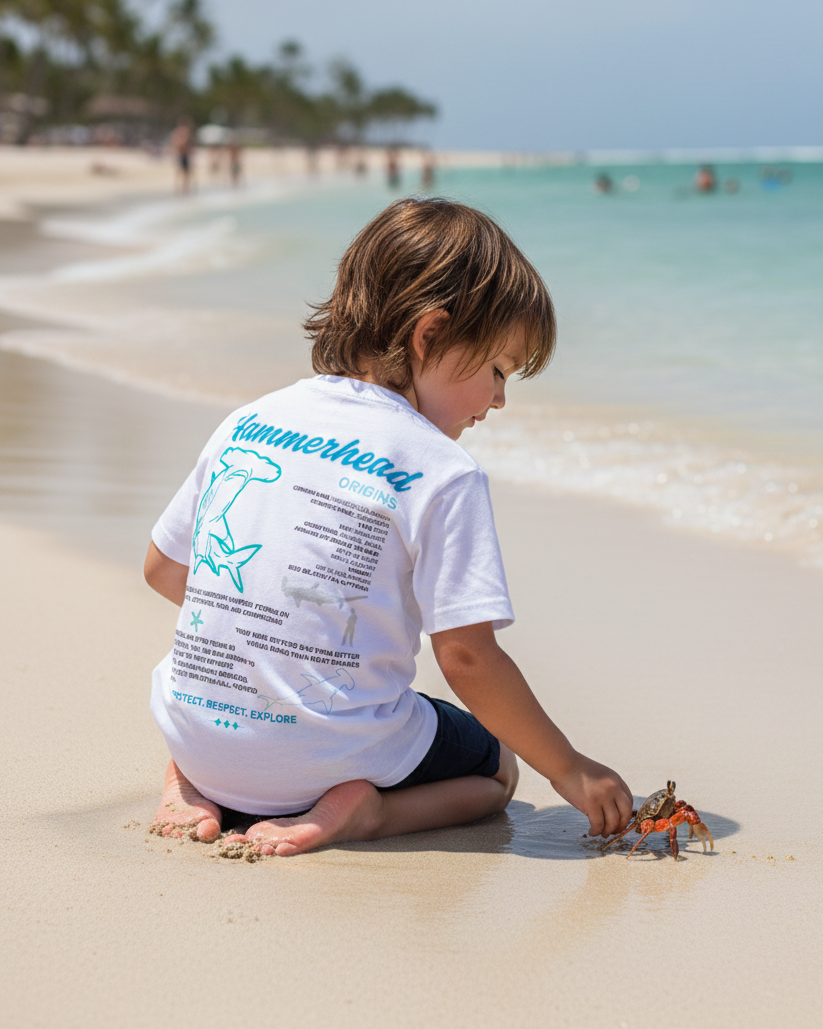 Child playing on a beach wearing a white t-shirt with text and graphics.