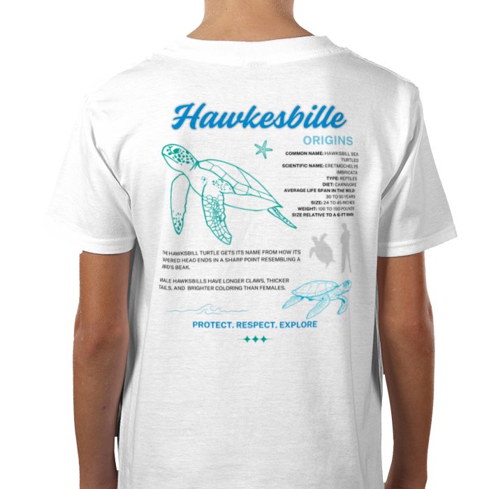 A child wearing a white crew neck t-shirt with a graphic print in shades of blue featuring a turtle and text, including the place 'Hawkesbille' and the words 'Protect, Respect, Explore'.