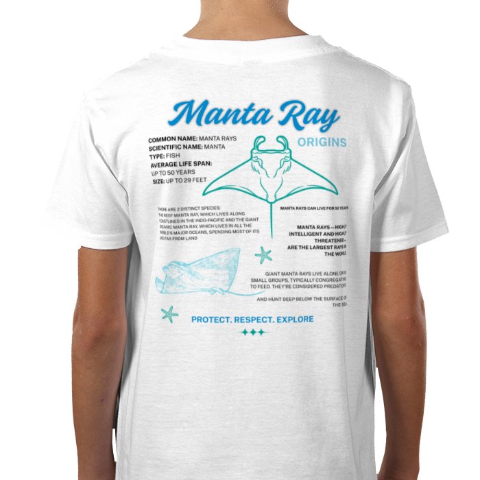 A child wearing a white crew neck t-shirt with a graphic print in shades of blue featuring educational content about manta rays.