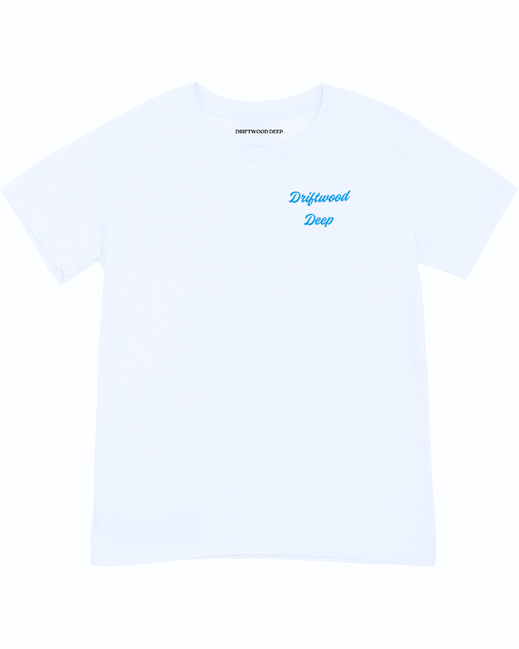 White t-shirt with blue text on a white background