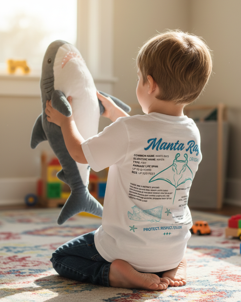 Child playing with a plush shark toy wearing a t-shirt with marine life information.