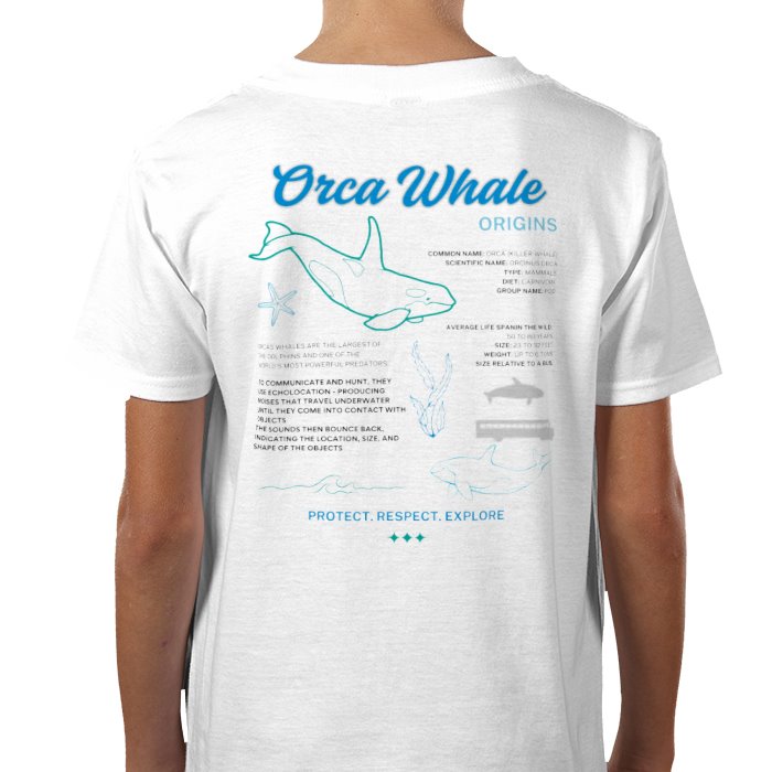 A white crew neck t-shirt with short sleeves featuring a graphic print in shades of blue about Orca Whale origins.