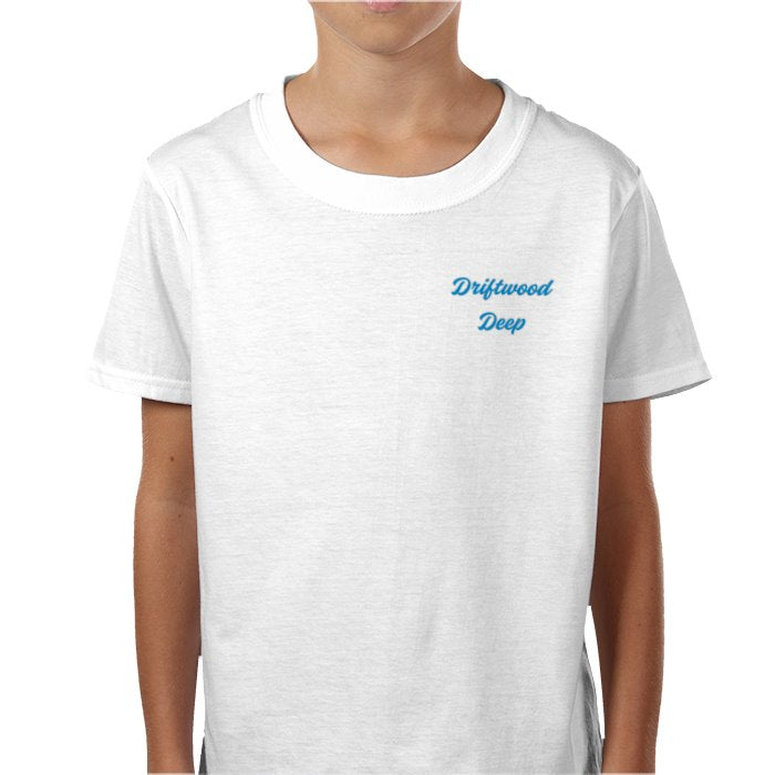 White t-shirt with blue logo worn by a person on a white background