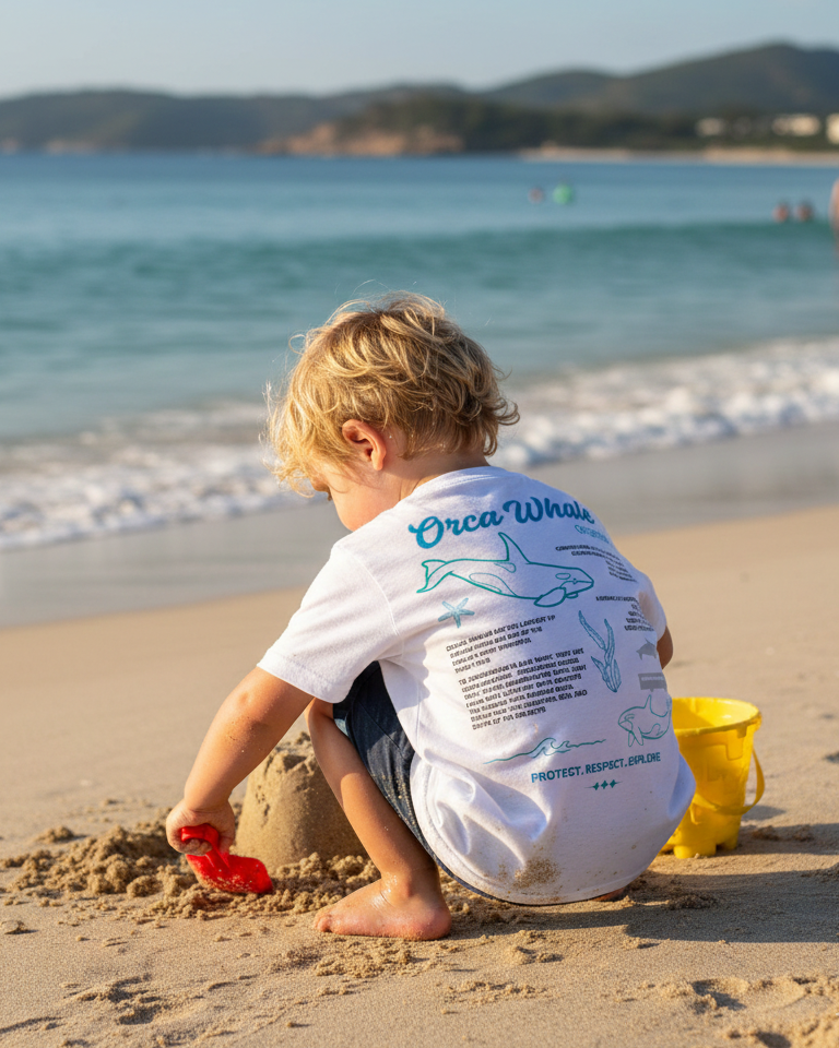 Child building a sandcastle on a beach wearing a shirt with whale design.