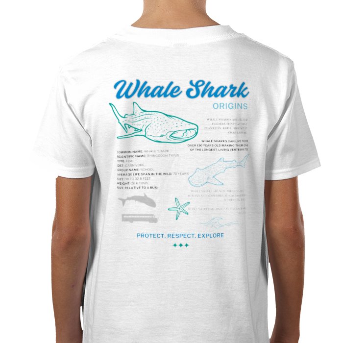 A white crew neck t-shirt with a graphic print in blue showing a whale shark and related educational text and illustrations on the back.