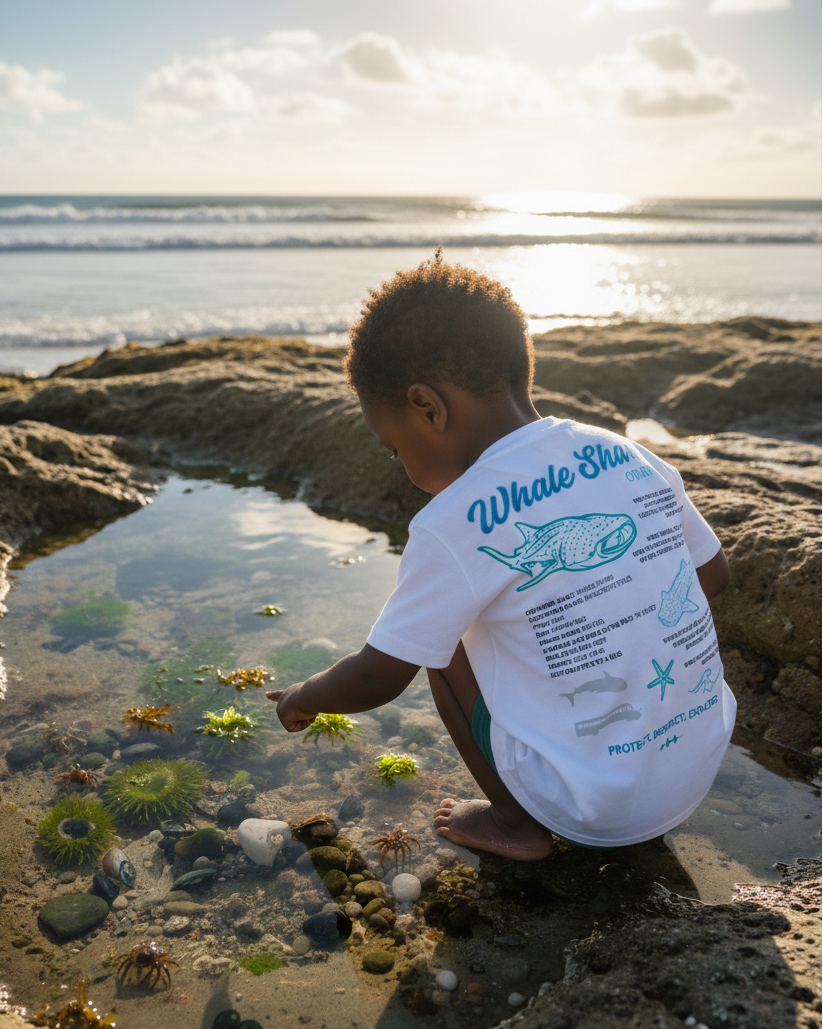 Child playing by a rocky shoreline with ocean view