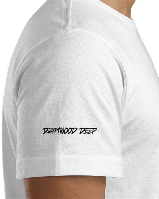 White t-shirt with 'Driftwood Deep' text on a white background