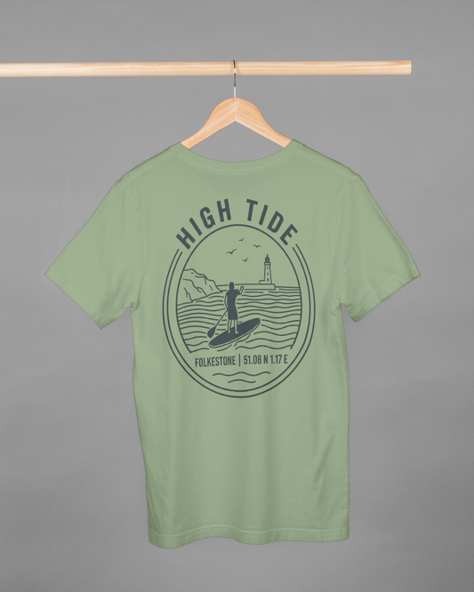 Green t-shirt with 'High Tide' graphic design on a hanger against a gray background