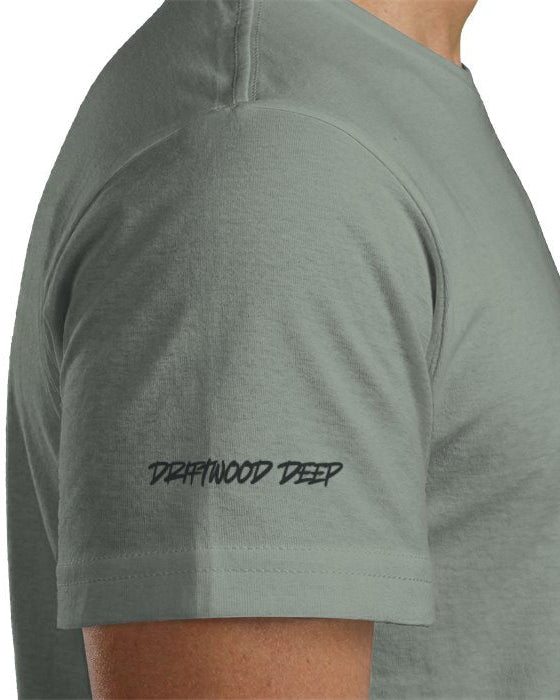 Gray t-shirt with 'Driftwood Deep' text on a white background