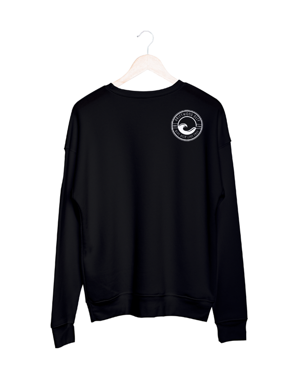 Black sweatshirt with a white logo on a hanger against a white background