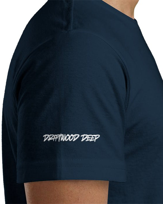 Navy blue t-shirt with 'Driftwood Deep' logo on a white background