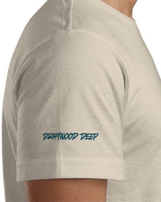 Beige t-shirt with 'Driftwood Deep' text on a white background