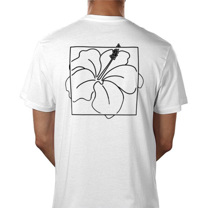 White t-shirt with black floral design on the back, worn by a person.