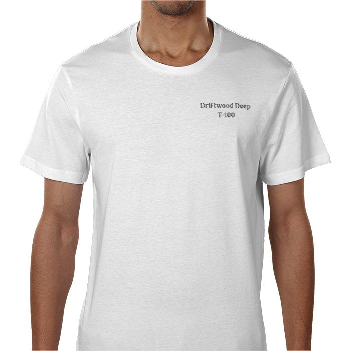 White t-shirt with text on a white background